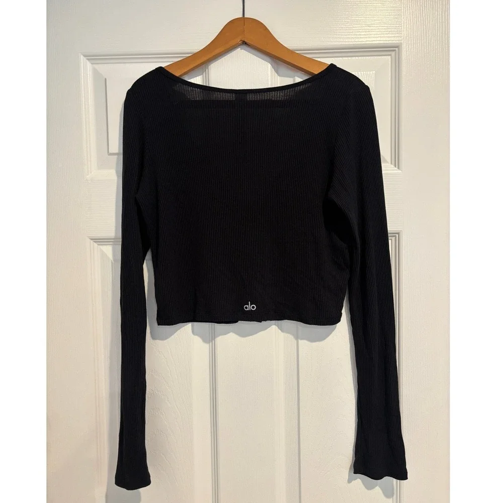 Alo Yoga Black Ribbed Cropped Whisper Cardigan Long Sleeve Top Size Large
